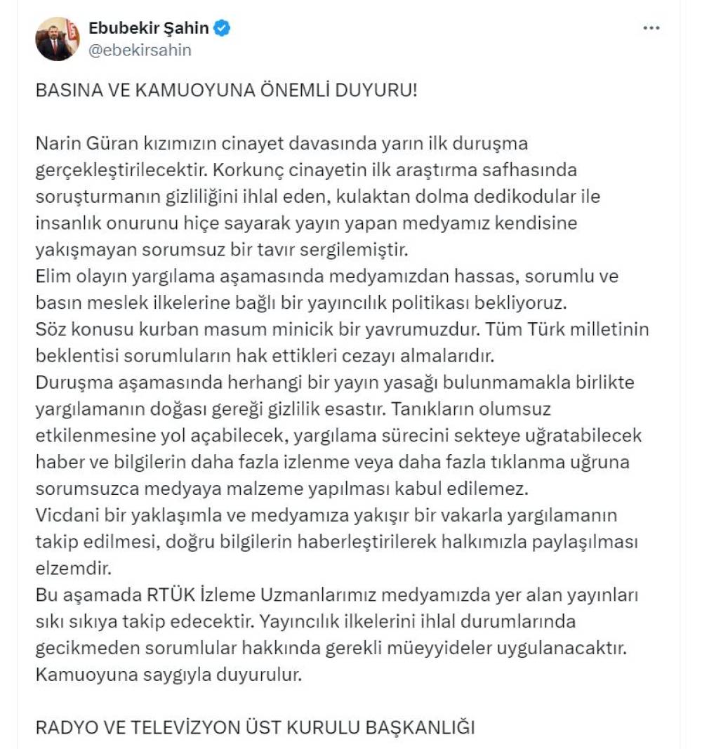 RTÜK Başkanı Şahin'den 'Narin Güran davası' açıklaması