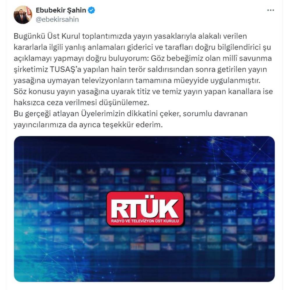 RTÜK Başkanı Şahin: TUSAŞ'la ilgili yayın yasağına uymayan televizyonlara müeyyide uygulandı