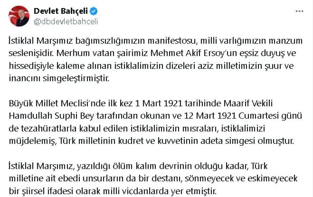 Bahçeli'den, İstiklal Marşı'nın kabulünün 104'üncü yıl dönümü mesajı