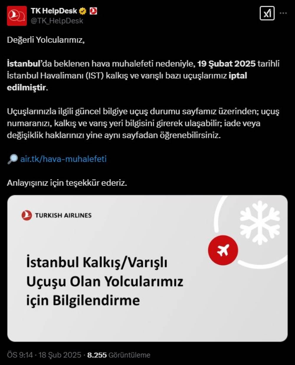 İstanbul - Türk Hava Yolları'ndan uçuş iptali duyurusu