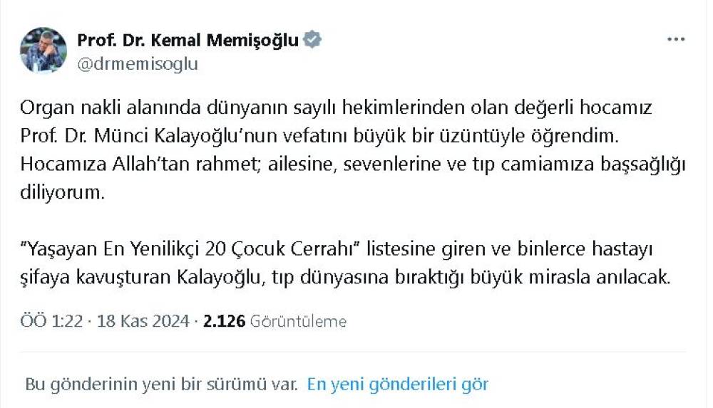 Sağlık Bakanı Memişoğlu'ndan Prof. Dr. Münci Kalayoğlu için taziye mesajı