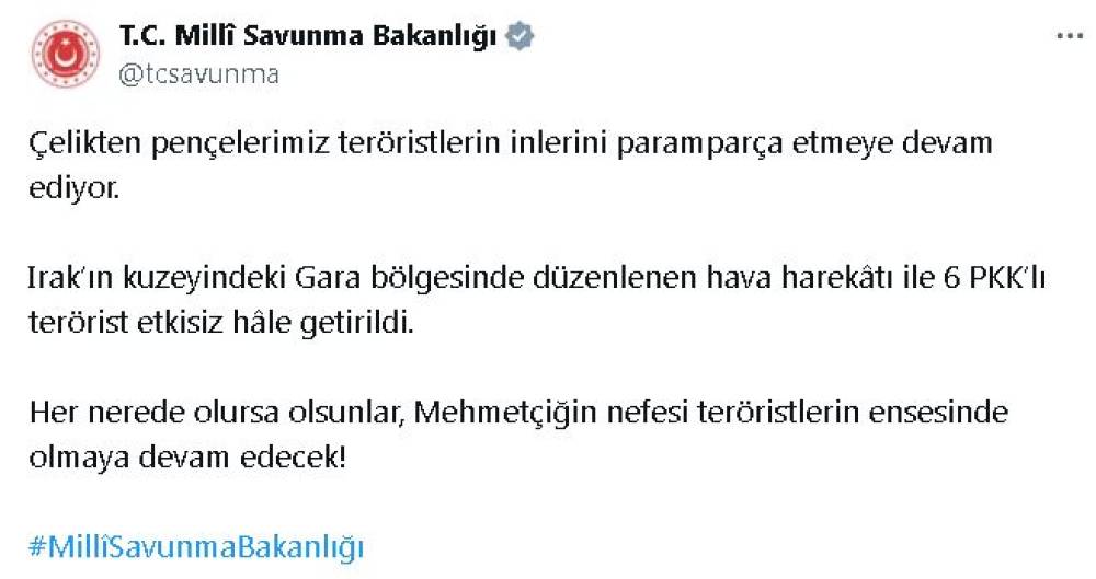 MSB: Irak'ın kuzeyinde 6 terörist etkisiz hale getirildi