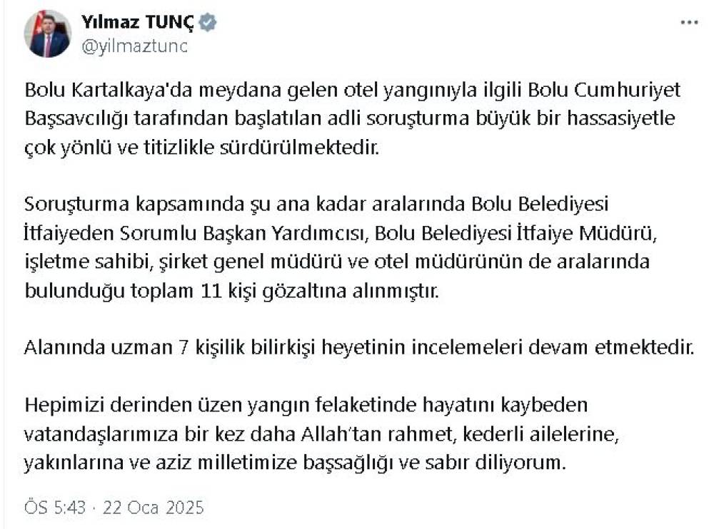 Bakan Tunç: Bolu Belediye Başkan Yardımcısı dahil 11 kişi gözaltına alındı