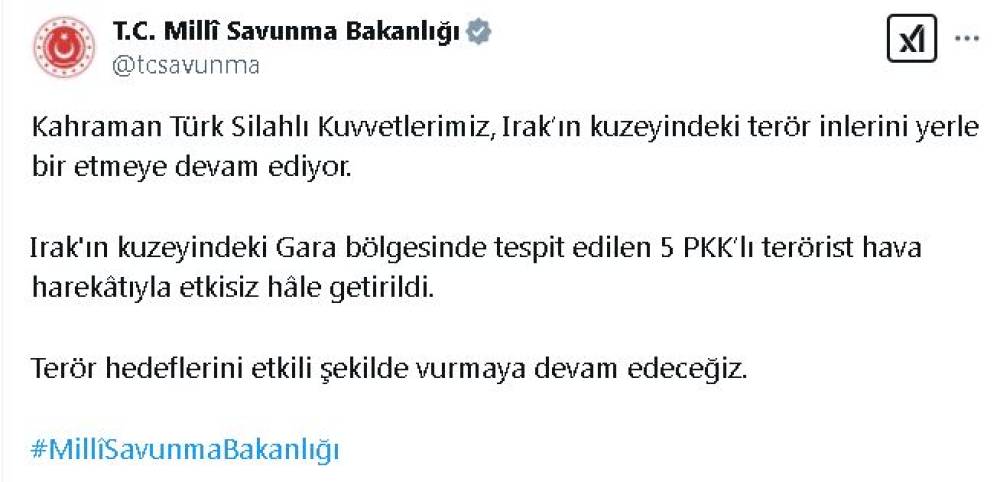 MSB: Irak'ın kuzeyinde 5 terörist etkisiz hale getirildi