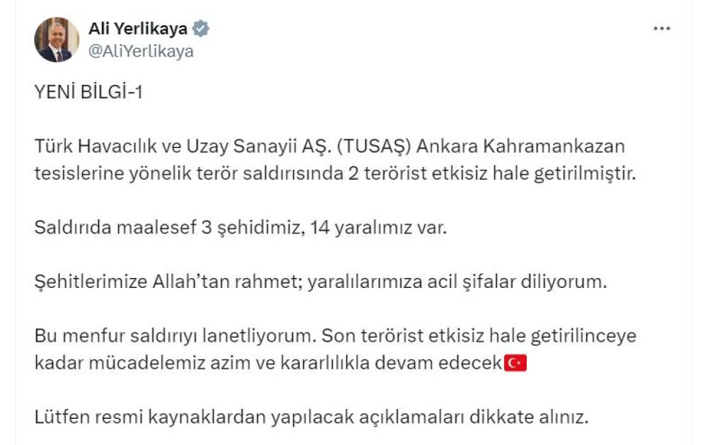 TUSAŞ'a terör saldırısı; 3 şehit, 14 yaralı detay haber