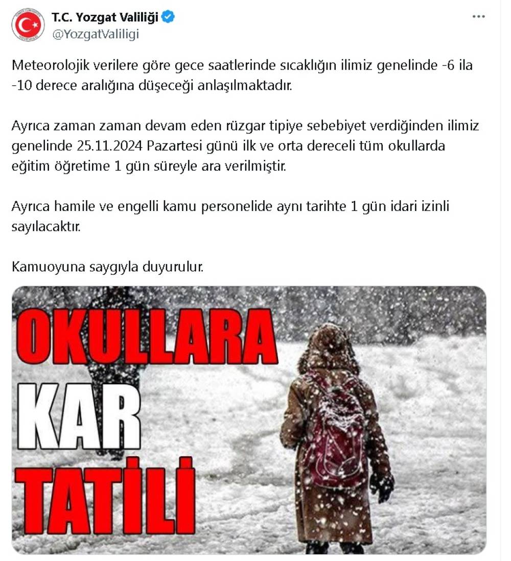 Yozgat'ta eğitime 1 gün ara verildi