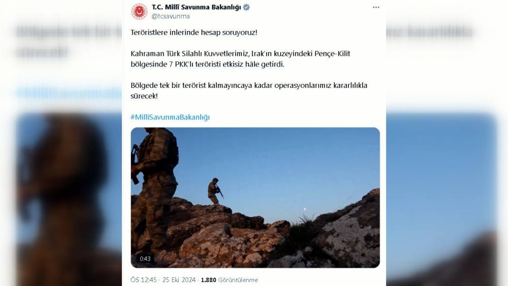 MSB: Irak'ın kuzeyinde 7 terörist etkisiz hale getirildi