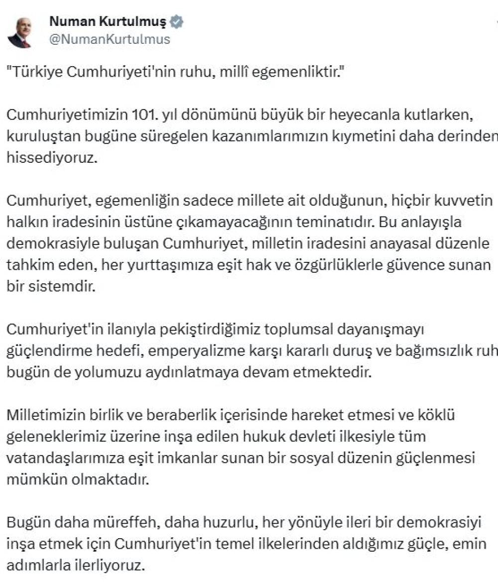 TBMM Başkanı Kurtulmuş'tan, 'Cumhuriyet Bayramı' mesajı