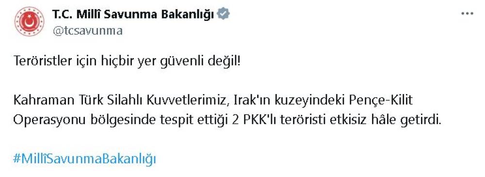 MSB: Irak'ın kuzeyinde 2 terörist etkisiz hale getiridi